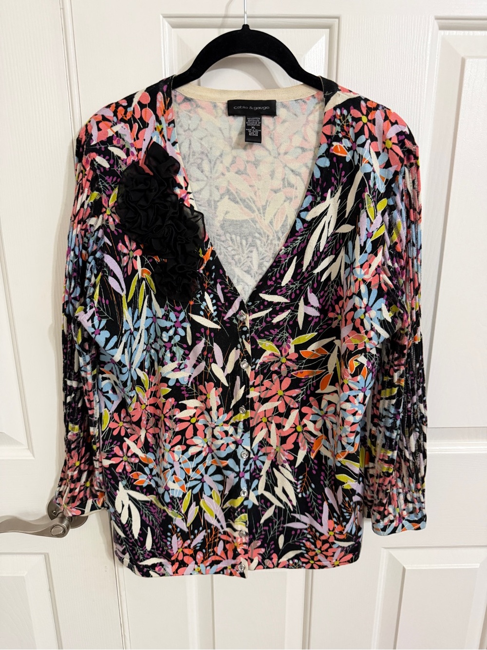 Cable & Gauge XL Black Floral Cardigan Sheer Striped Sleeves Rosette Buttons